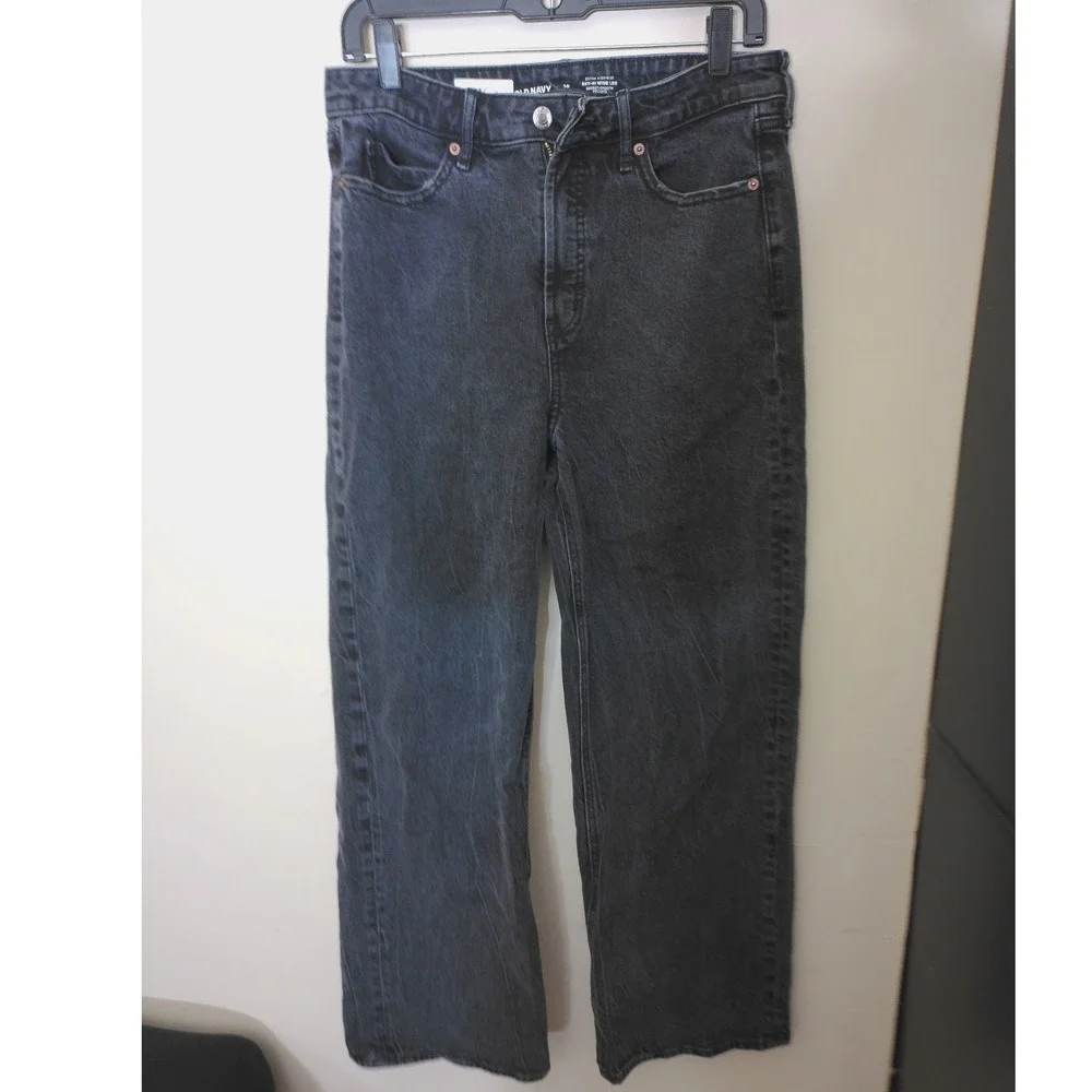Old Navy Wide Leg Jeans Mens 10 Black Sky-Hi Extra High-Rise Faded Denim Grunge